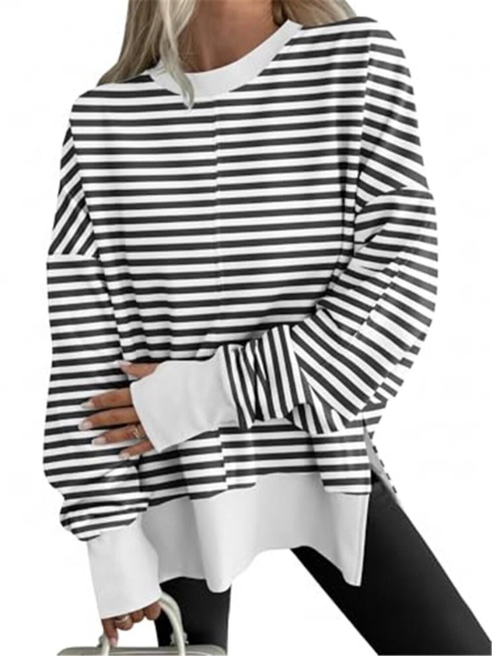 Black & White Striped Oversized Thumbhole Sweatshirt Side Slit Pullover Top